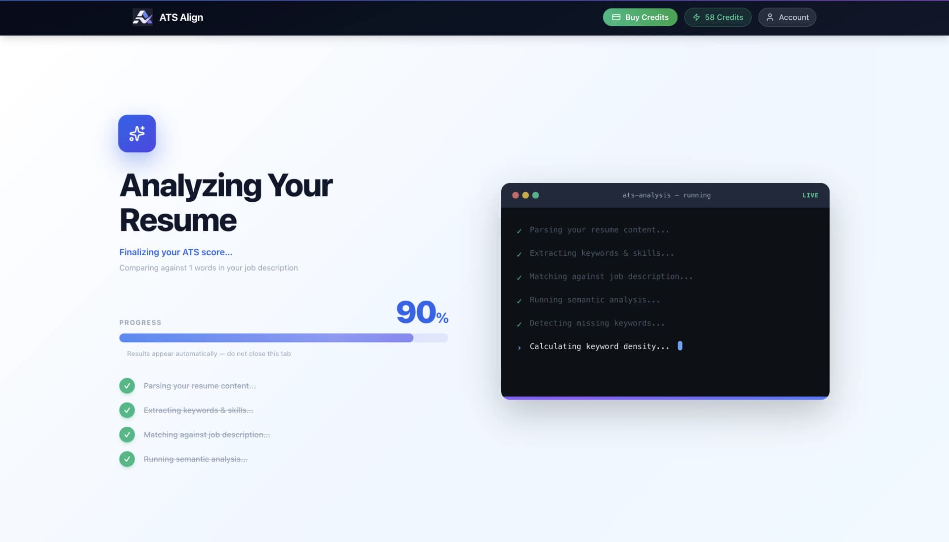 ATSAlign analyzing resume — real-time progress with keyword extraction