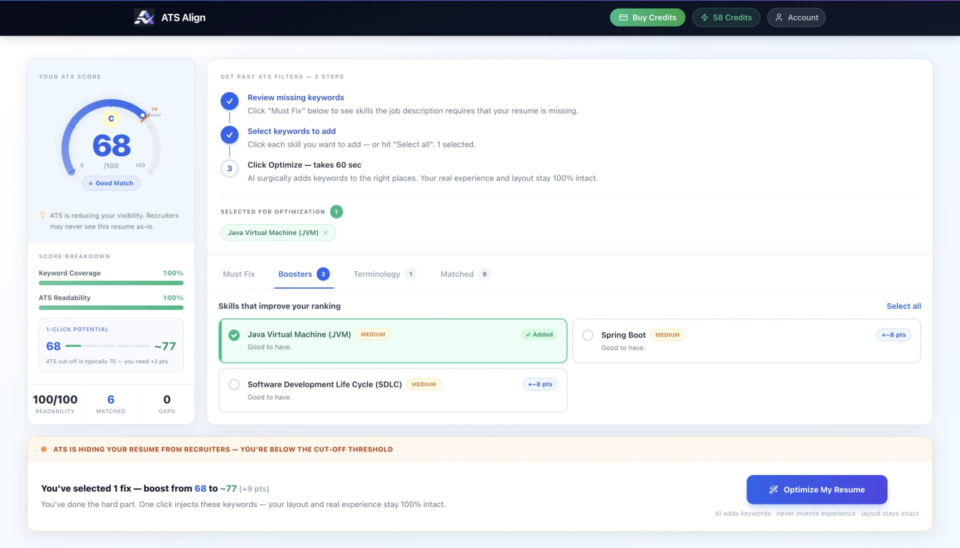 ATSAlign ATS score results — keyword coverage, missing skills, optimization options