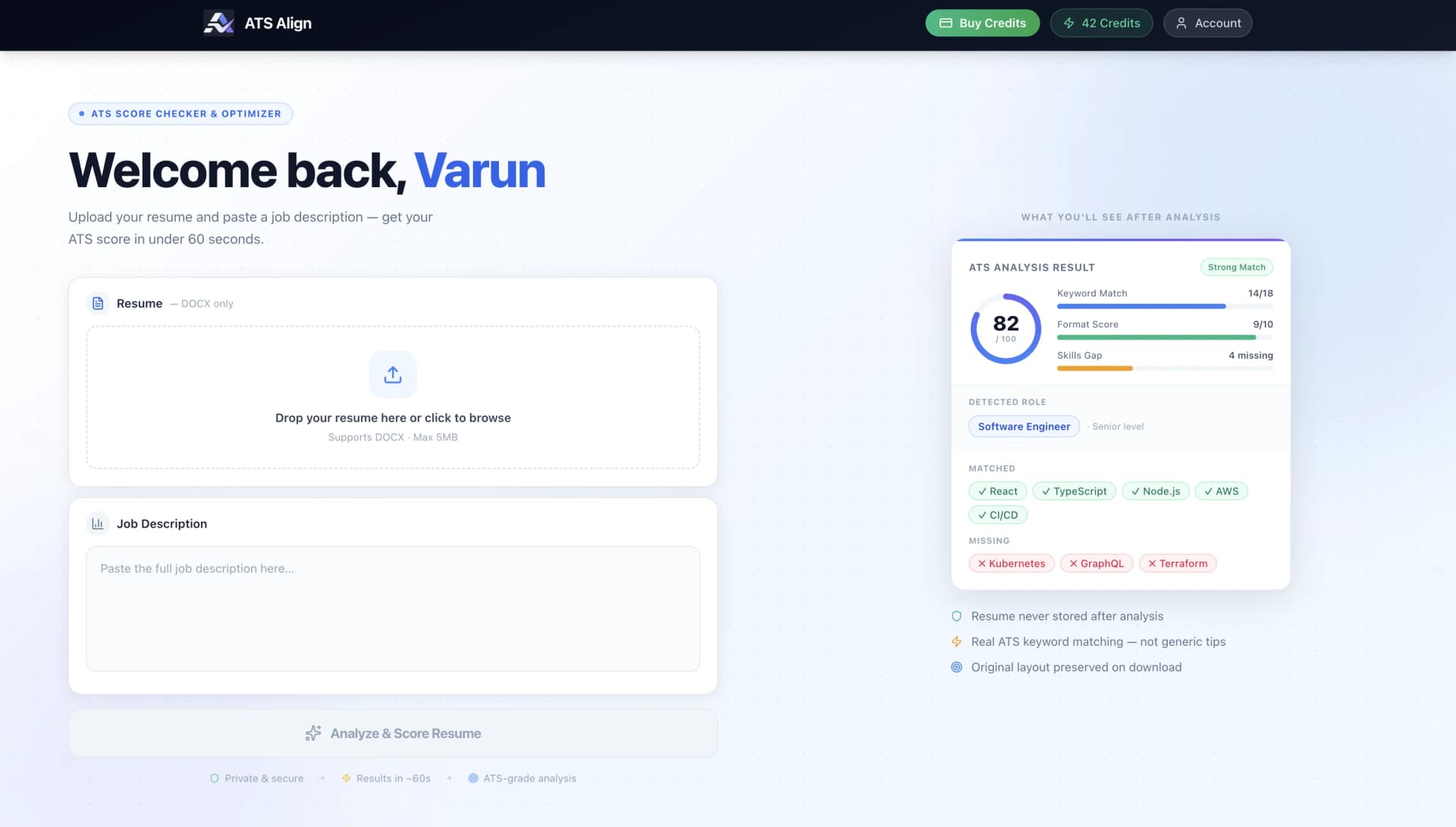 ATSAlign dashboard — upload resume and paste job description