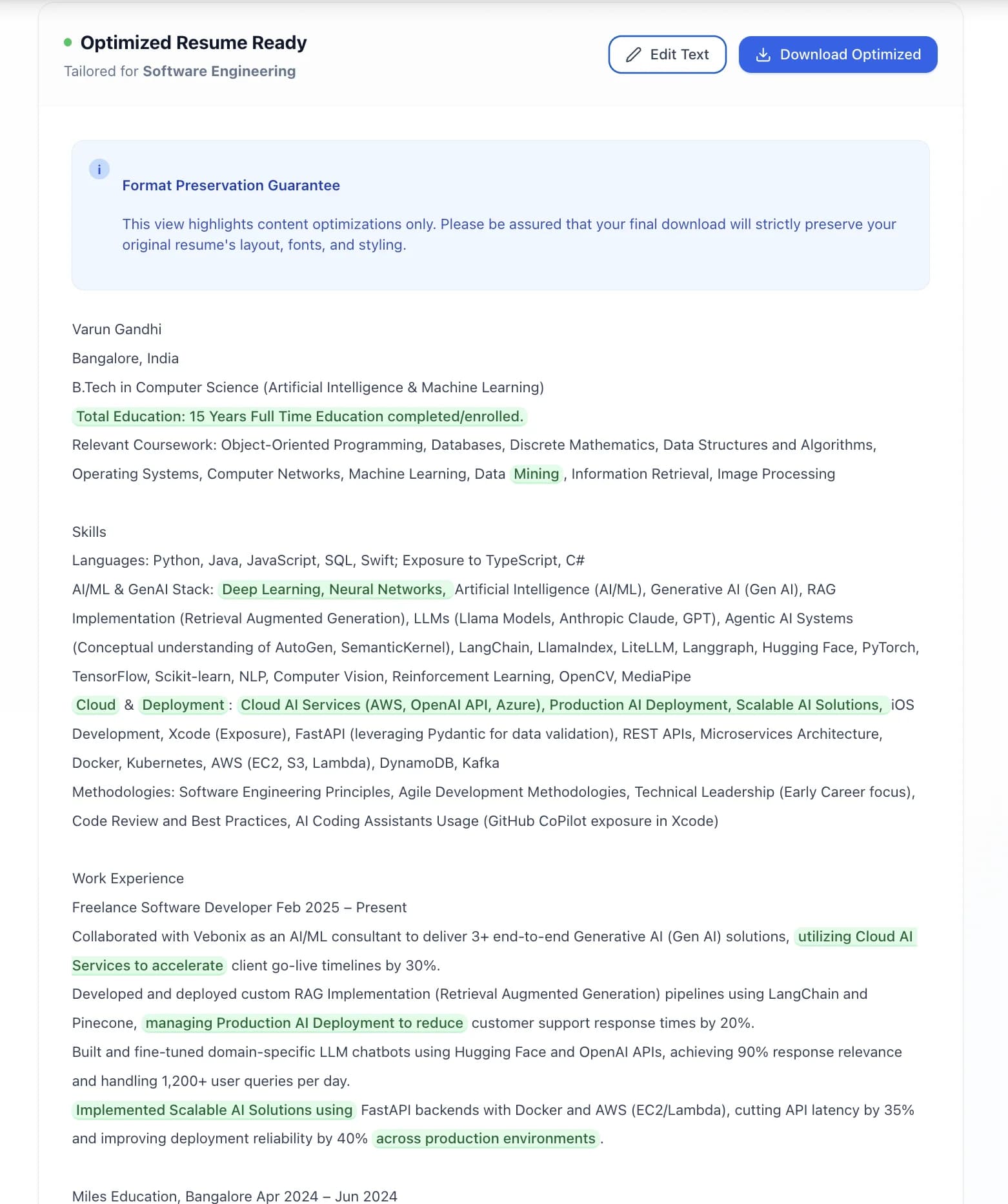 ATSAlign optimized resume — keywords highlighted in green, original layout preserved